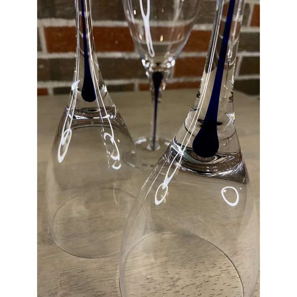 3 PIER 1 Hand-Blown Clear Water Wine Glasses Blue Tear Drop Stem Accent 8 5/8